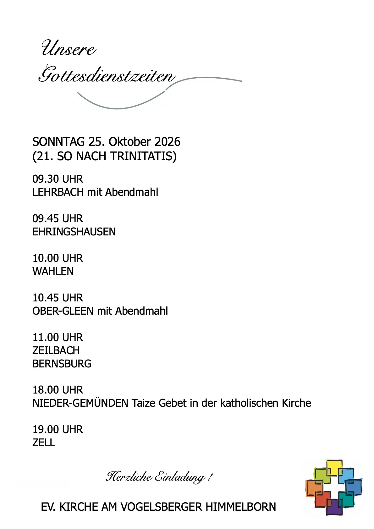 Gottesdienstzeiten 25.10.26 