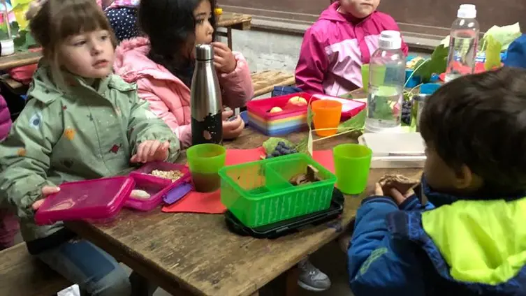 Die Fotos zeigen die KiTa-Kinder bei ihren Aktivitäten während der Waldwochen auf der Scheune.