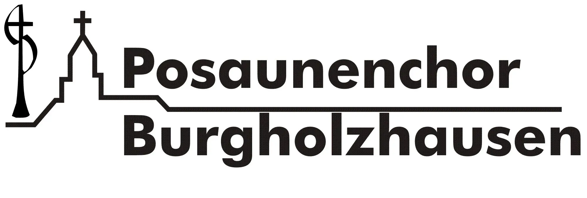 Logo des Posaunenchors Burgholzhausen. Es zeigt eine Silhoutte der evangelischen Kirche und den Schriftzug "Posaunenchor Burgholzhausen.