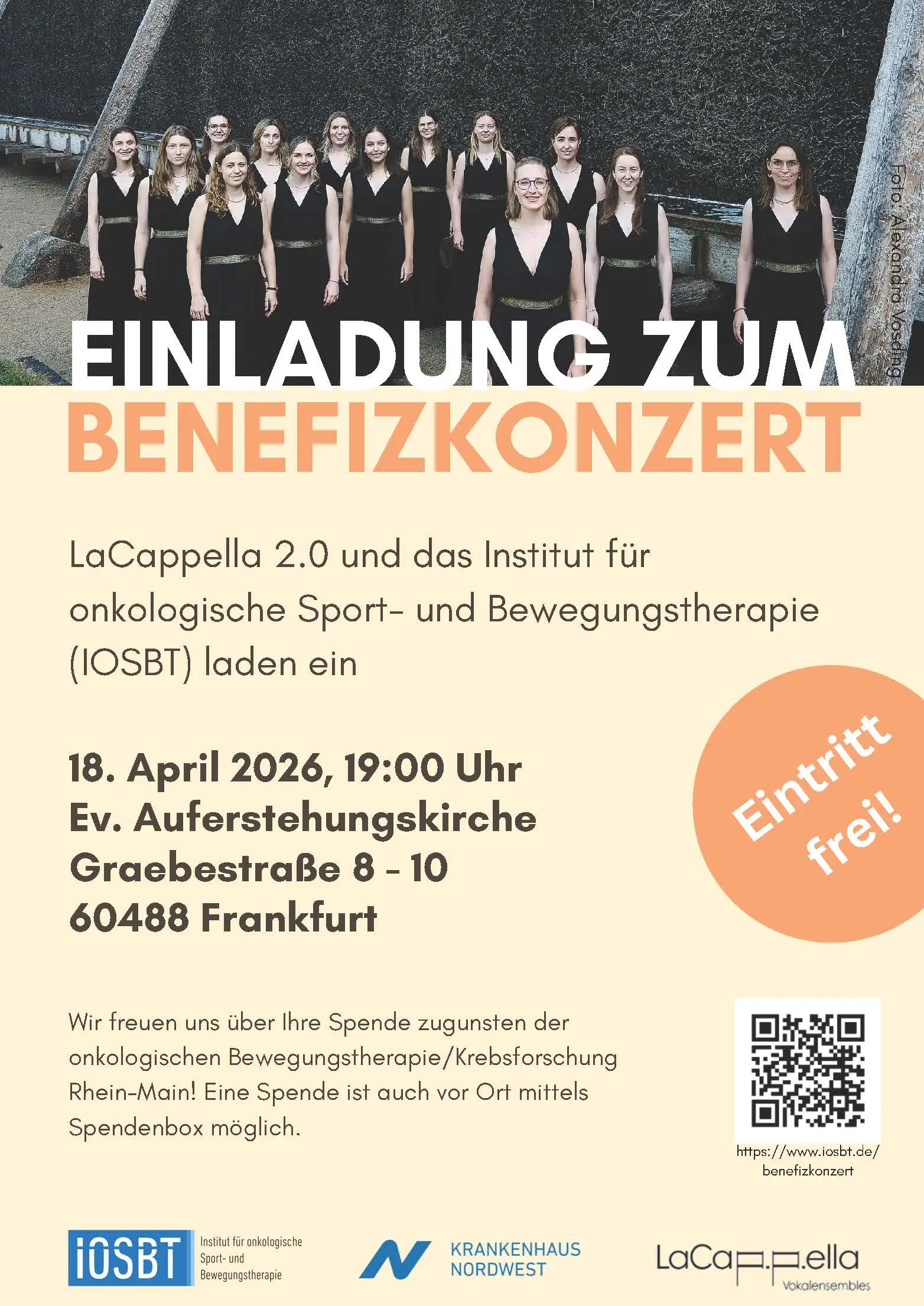 Einladung zum Benefizkonzert am 18. April mit dem Ensemble Lacappella in der Auferstehungskirche in Praunheim. 