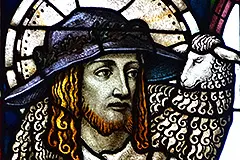 Ausschnitt aus einem Kirchenfenster: Hirte mit Schaf