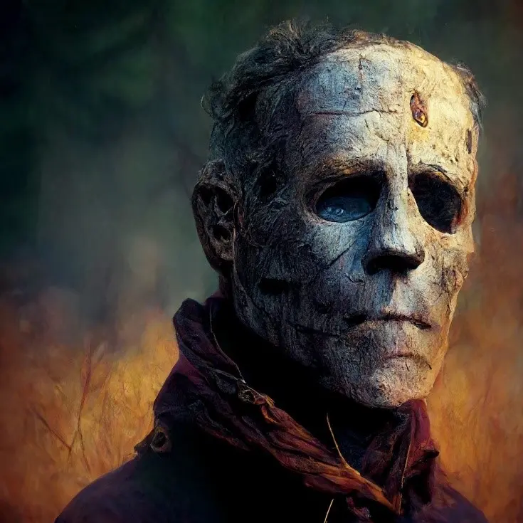 Eine weiß geschminktes Gesicht, vielleicht eine Malerei, schaut Angsteinflößend auf den Betrachter.