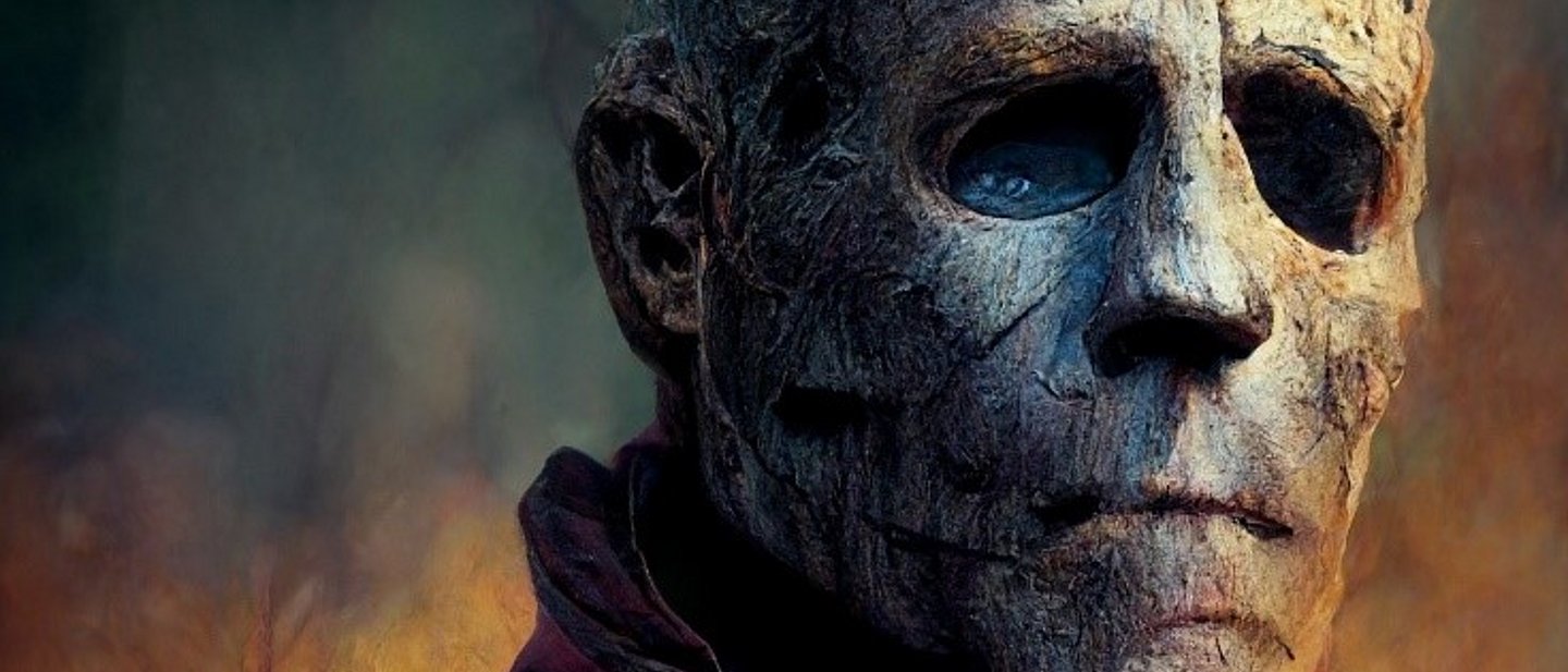 Eine weiß geschminktes Gesicht, vielleicht eine Malerei, schaut Angsteinflößend auf den Betrachter.