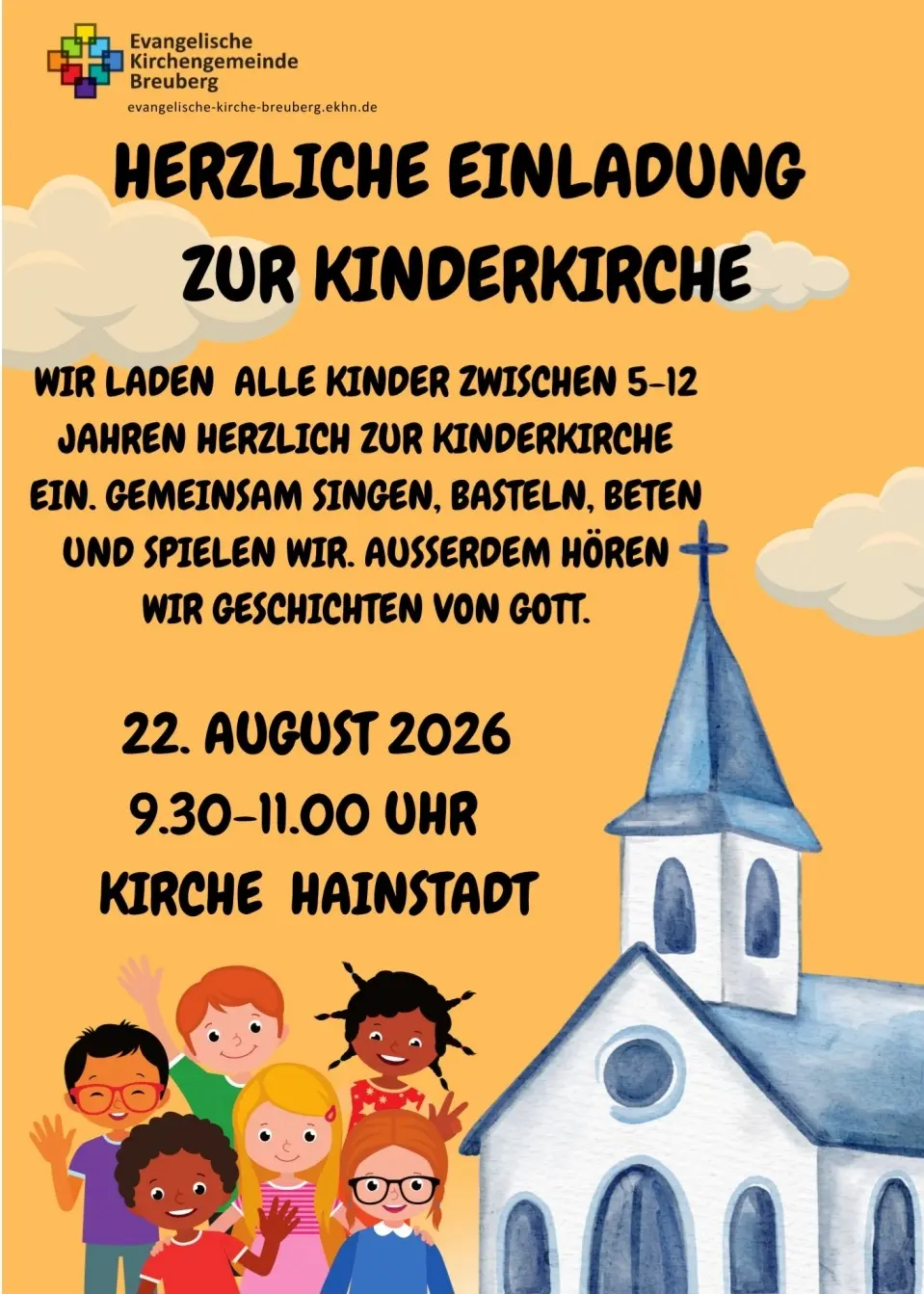 Das Foto informiert über die Kinderkirche am 22.08.2026 in der Hainstädter Kirche.