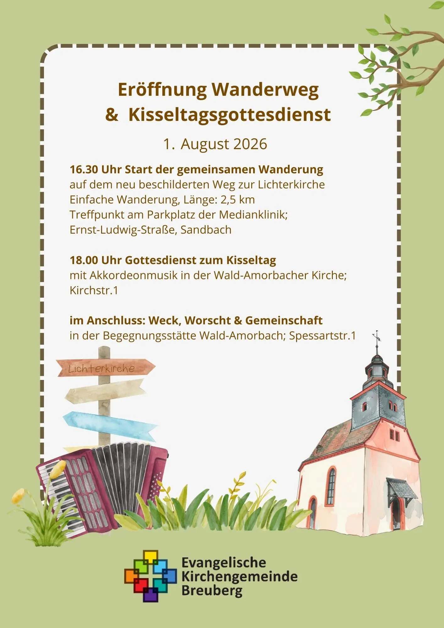 Das Foto zeigt den Hinweis auf die Eröffnung des Wanderwegs und den anschließenden Kisseltagsgottesdienst in Wald-Amorbach am 01.08.2026