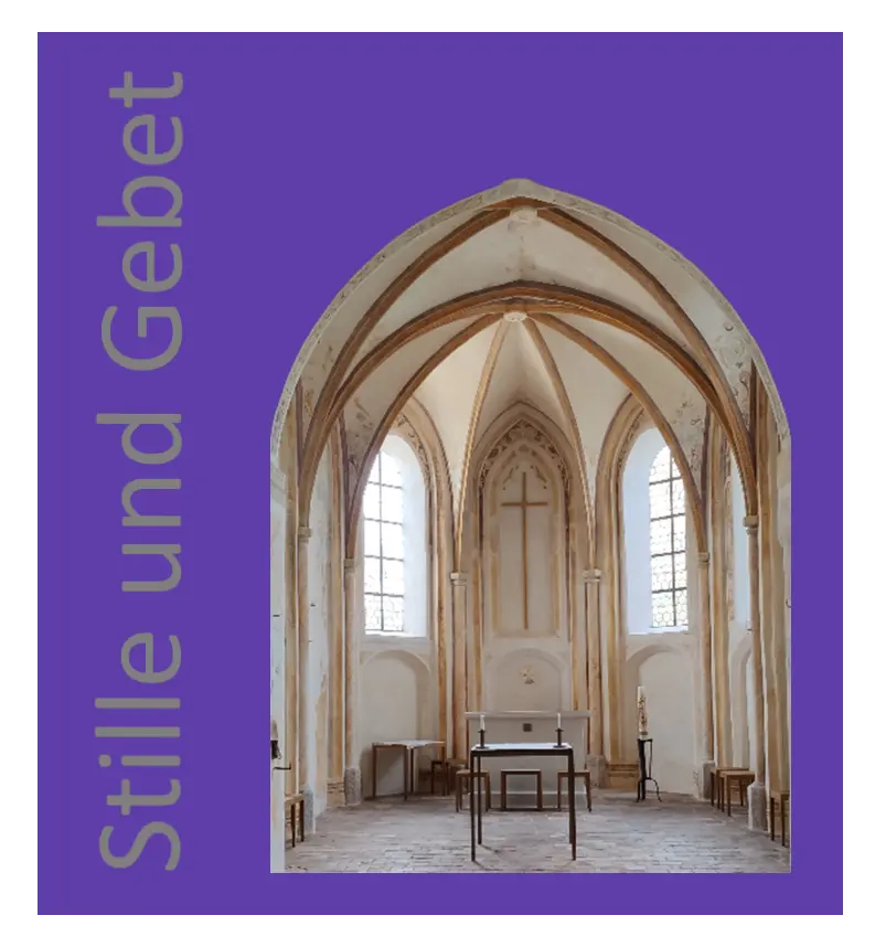 Logo bestehend aus dem Innenraum einer Kirche und dem Text Stille und Gebet