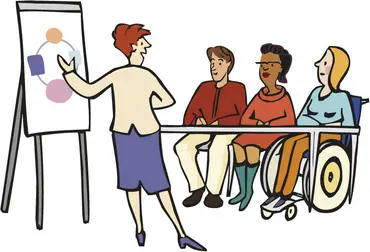 Eine Frau präsentiert an einem Flipchart. Drei Personen hören zu, darunter eine Frau im Rollstuhl. Alle wirken aufmerksam und interessiert.
