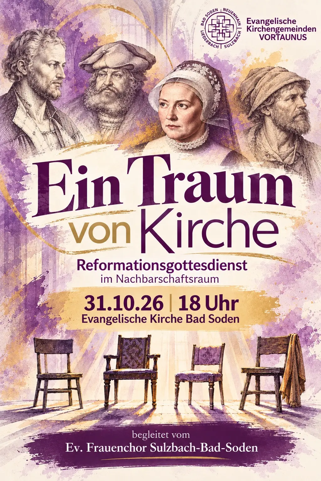 Vier Portraits von führenden Menschen der Reformation sowie vier leere Stühle und die Einladung zum gemeinsamen Gottesdienst.