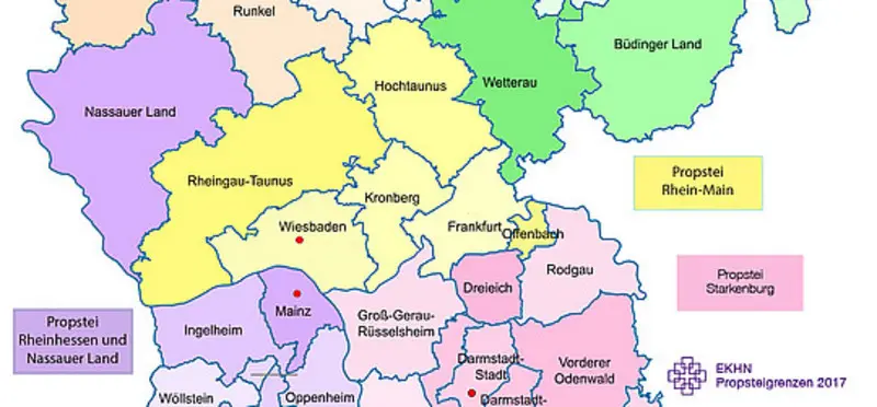 Kartenausschnitt der die Grenzen der Propstei Rhein-Main seit 2017 zeigt