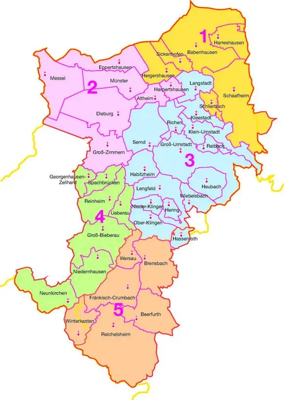 Karte der Nachbarschaftsräume des Dekanats Vorderer Odenwald