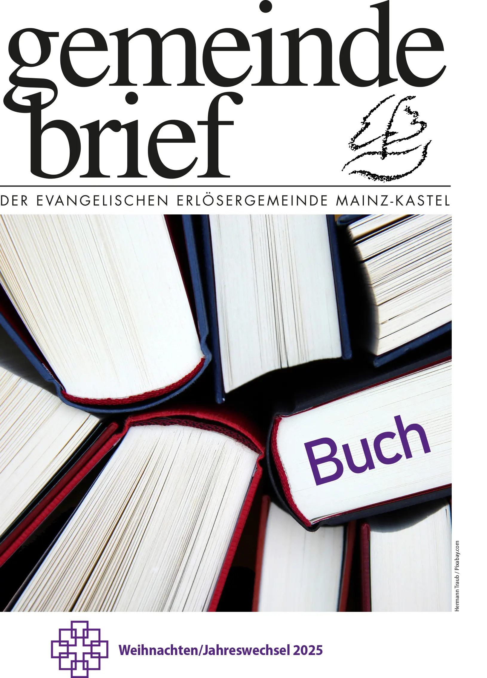 Titelbild des Gemeindebriefs zum Thema "Buch". Es sind mehrere Bücher aufgestellt und von oben fotografiert.