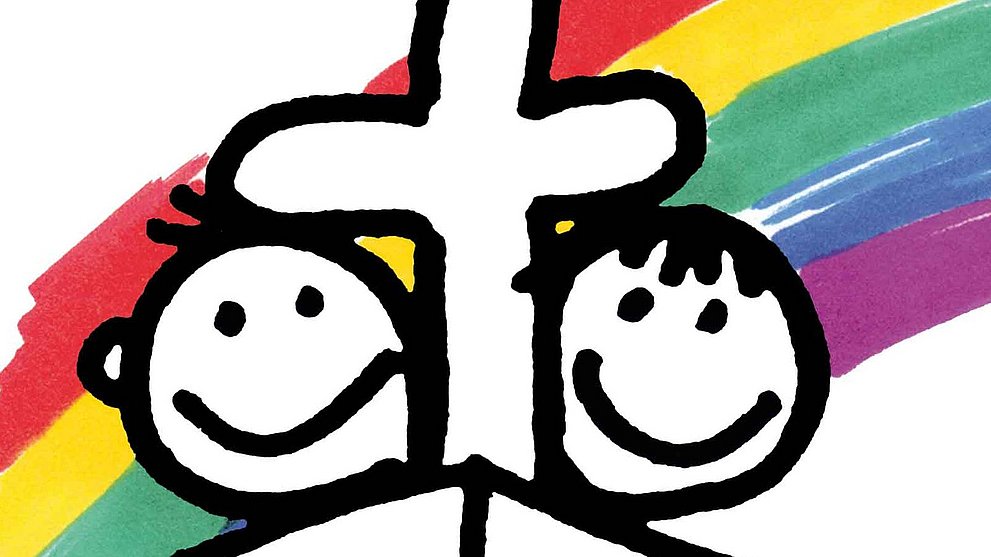 Logo Kirche mit Kindern. Es zeigt zwei fröhliche Gesichter auf einem Boot mit Kreuz als Mast.