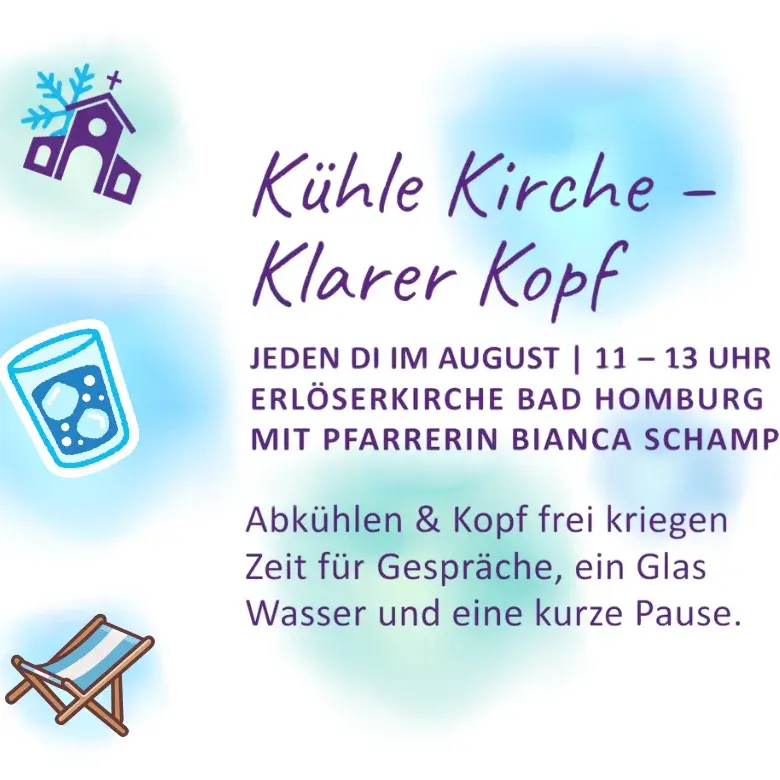 auf weißem Hintergrund sind kleine halbtransparente Wolken in hellen Blau- und Grüntönen, Grafiken von Wasserglas, Liegestuhl und Kirche mit Schneeflocke. Dazu ein Einladungstext mit den Infos aus dem Pressetext