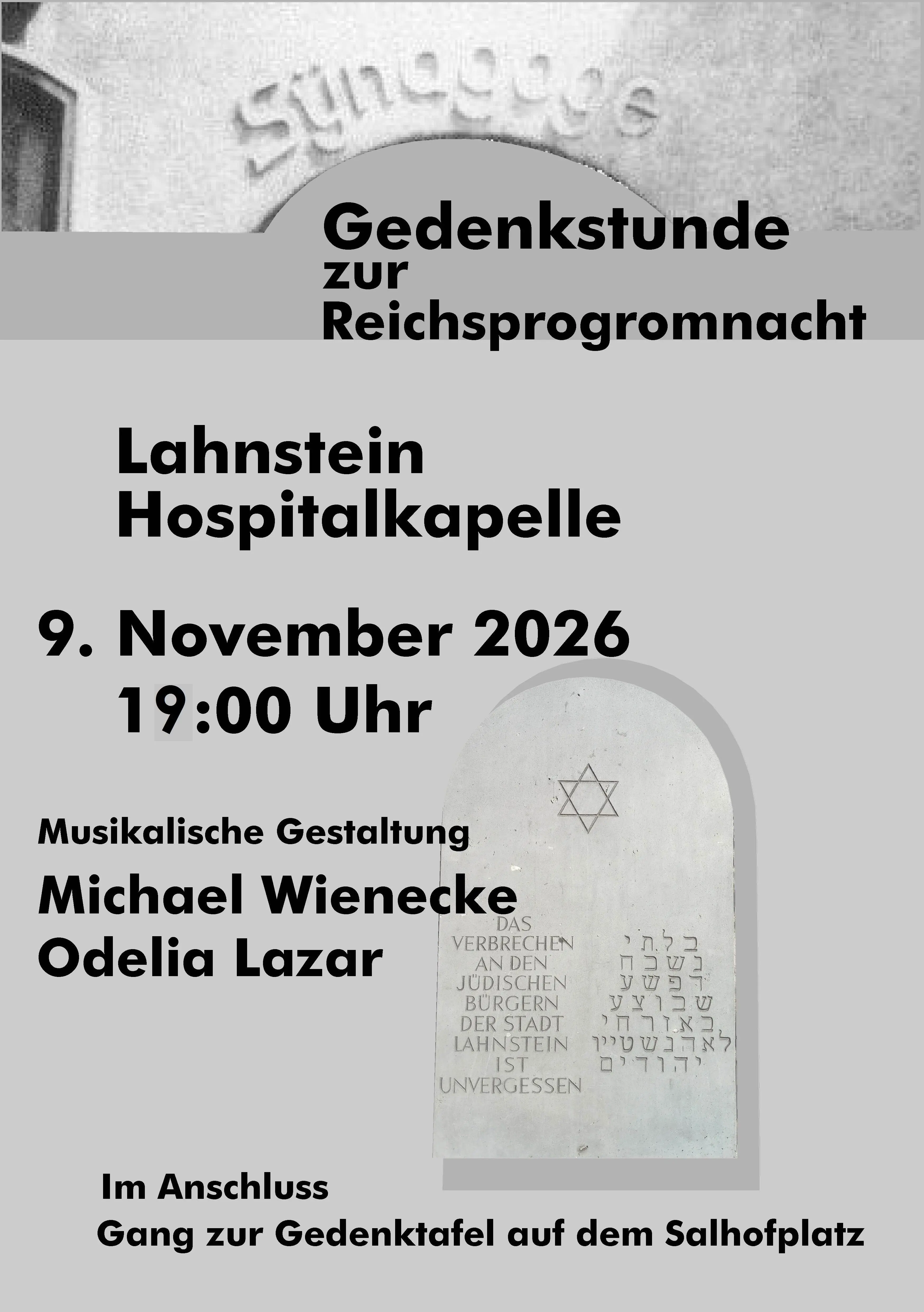 Plakat Gedenkstunde zur Reichsprogromnacht Mo, 9.11.2026 19 Uhr