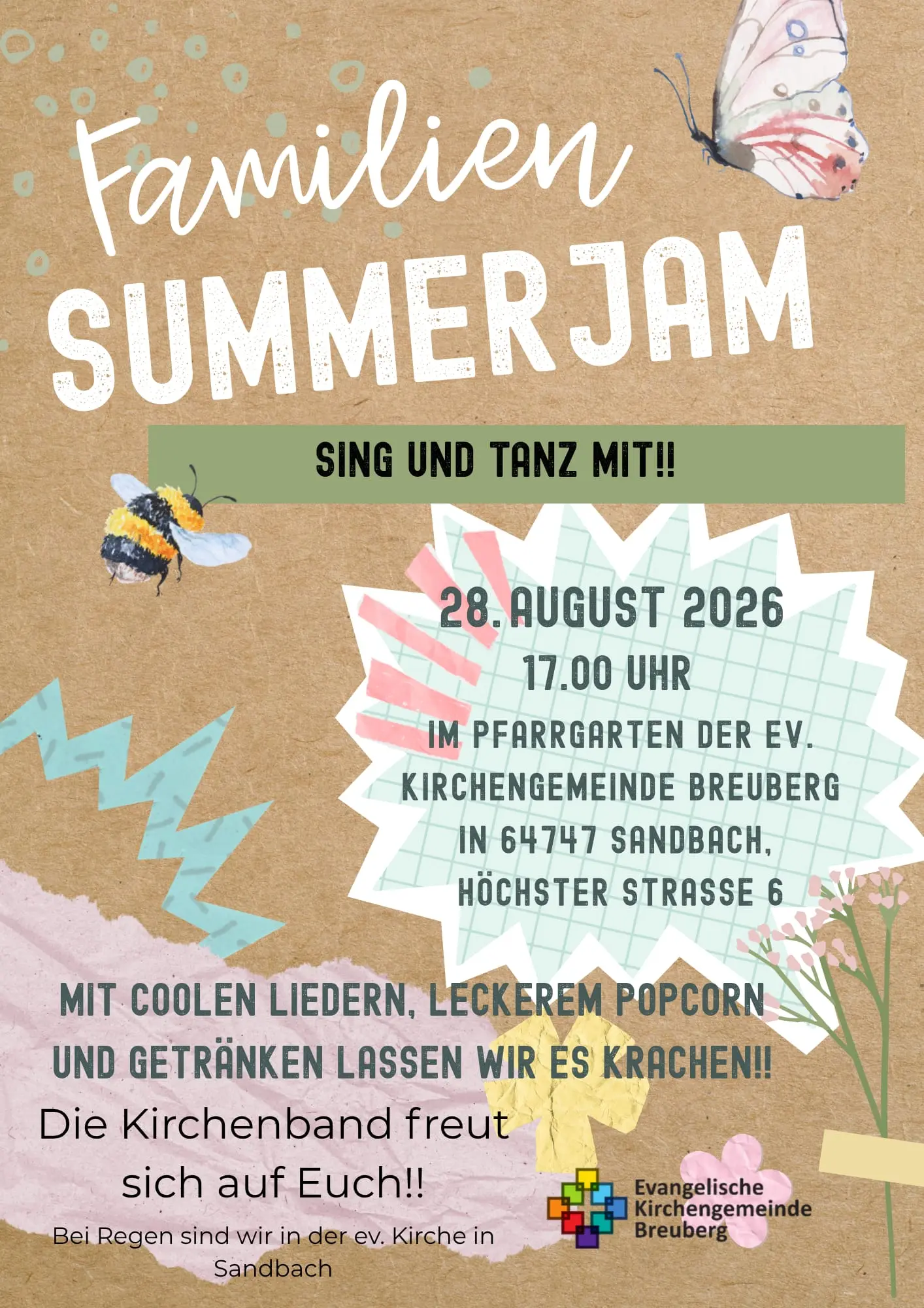 Dieses Foto zeigt das Hinweisplakat auf den Familien Summerjam am 28.08.2026 ab 17 Uhr im Sandbacher Pfarrgarten.