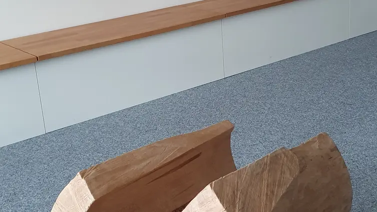 Im Raum liegt ein ausgehöhlter Baumstamm, an der Wand hängen Holzscheiben.