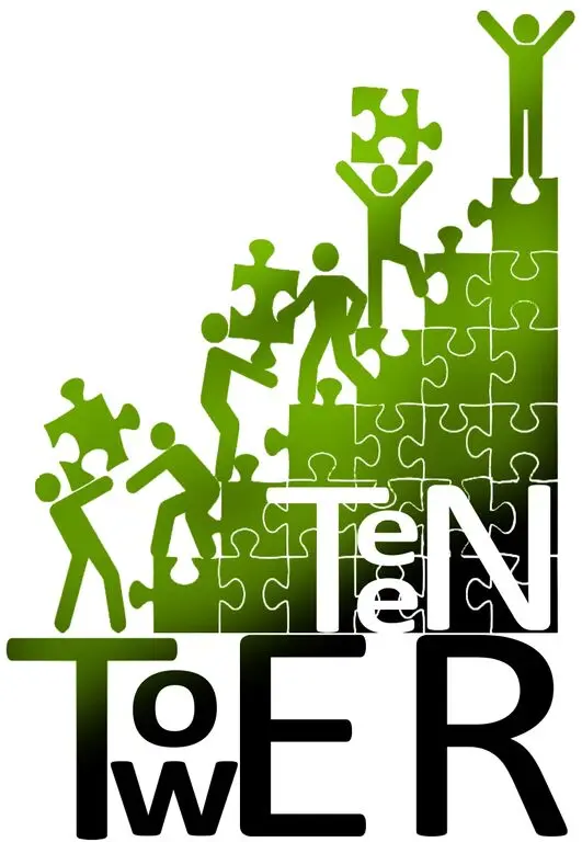 Das Logo zeigt eine Meschenkette aus grünen Strichfiguren die eine Puzzle gemeinsam zusammenbauen mit dem Schriftzug Teen Tower.