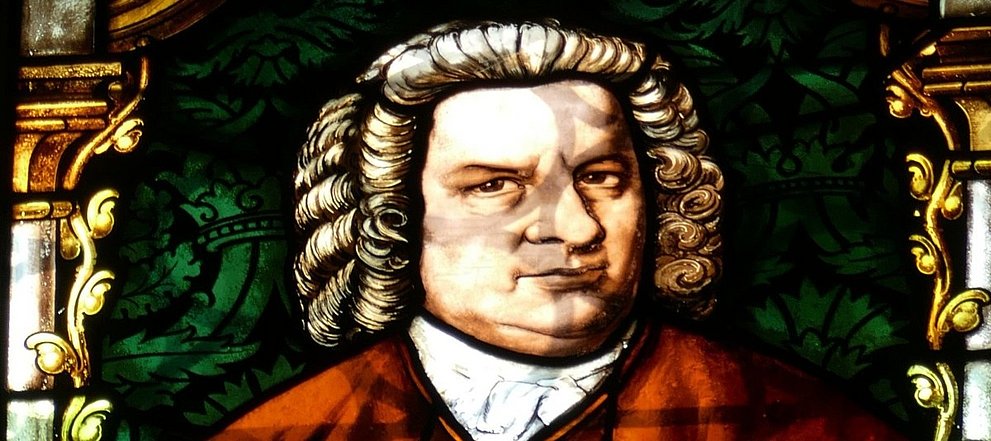 Portrait von Johann Sebastian Bach. Ausschnitt aus einem Mosaikfenster.