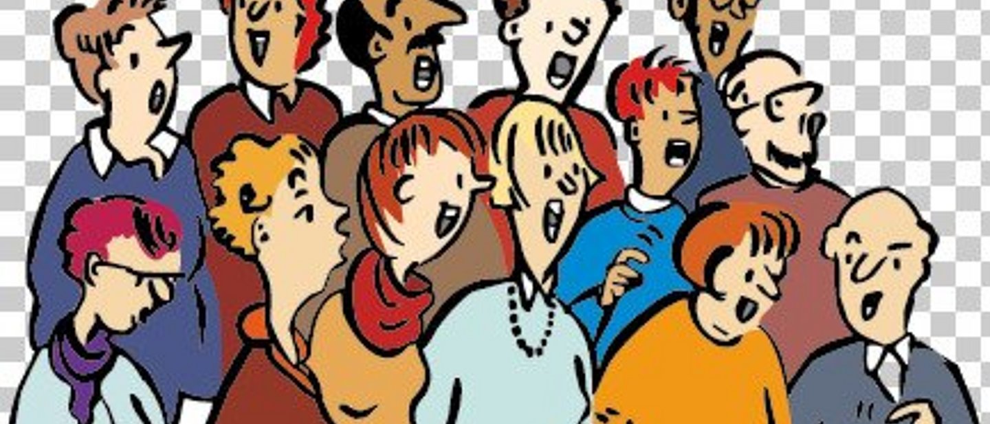 Menschen stehen in Reihen zusammen und singen. Es sit ein gemischter Chor. Sie scheinen Spaß zu haben.