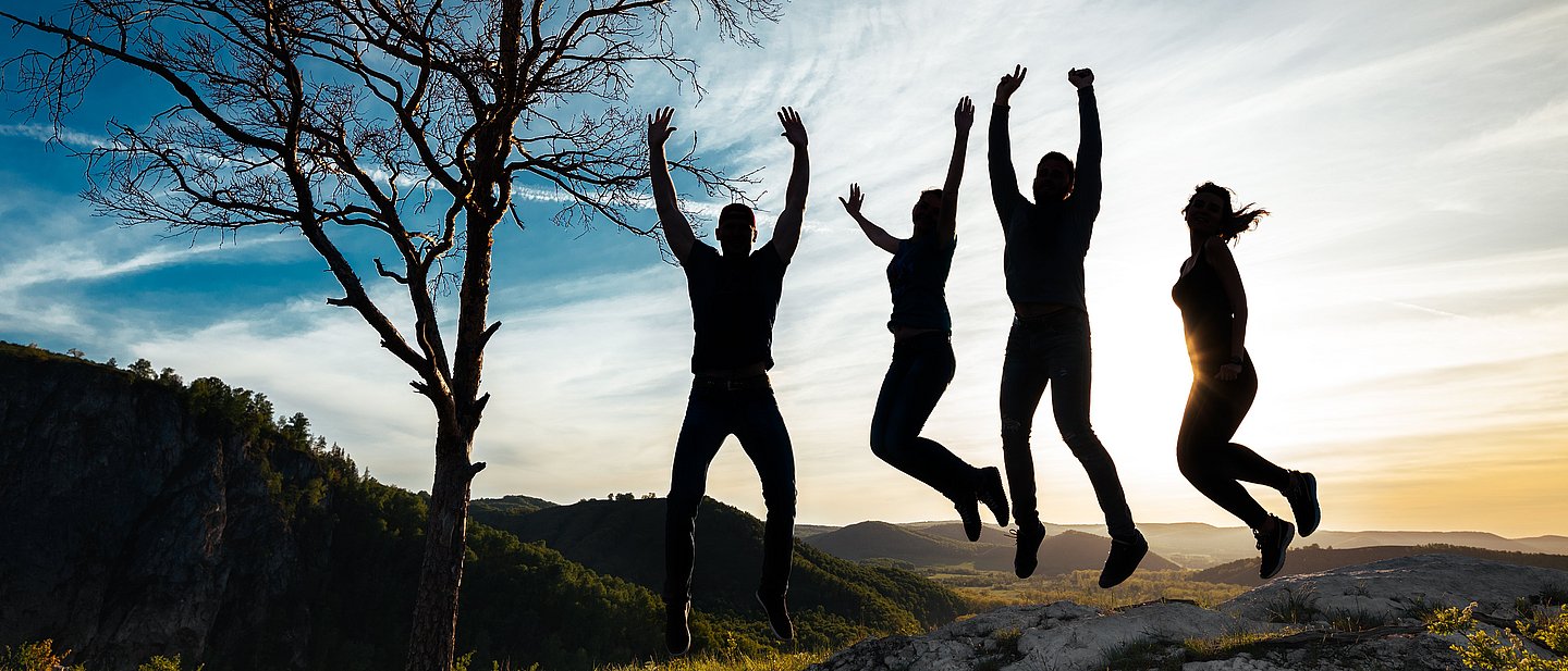 Vier Jugendliche springen vor der tiefstehenden Sonne in die Höhe. Daneben ist die Silhouette eines Baumes zu sehen. 