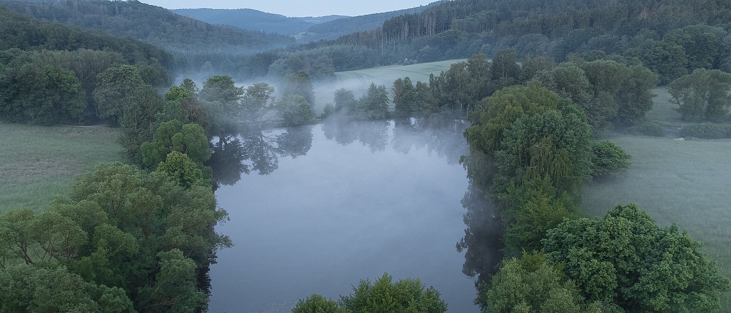 Das Bild zeigt eine Luftaufnahme des Meerpfuhls in der Nähe von Merzhausen im leichten Nebel. 