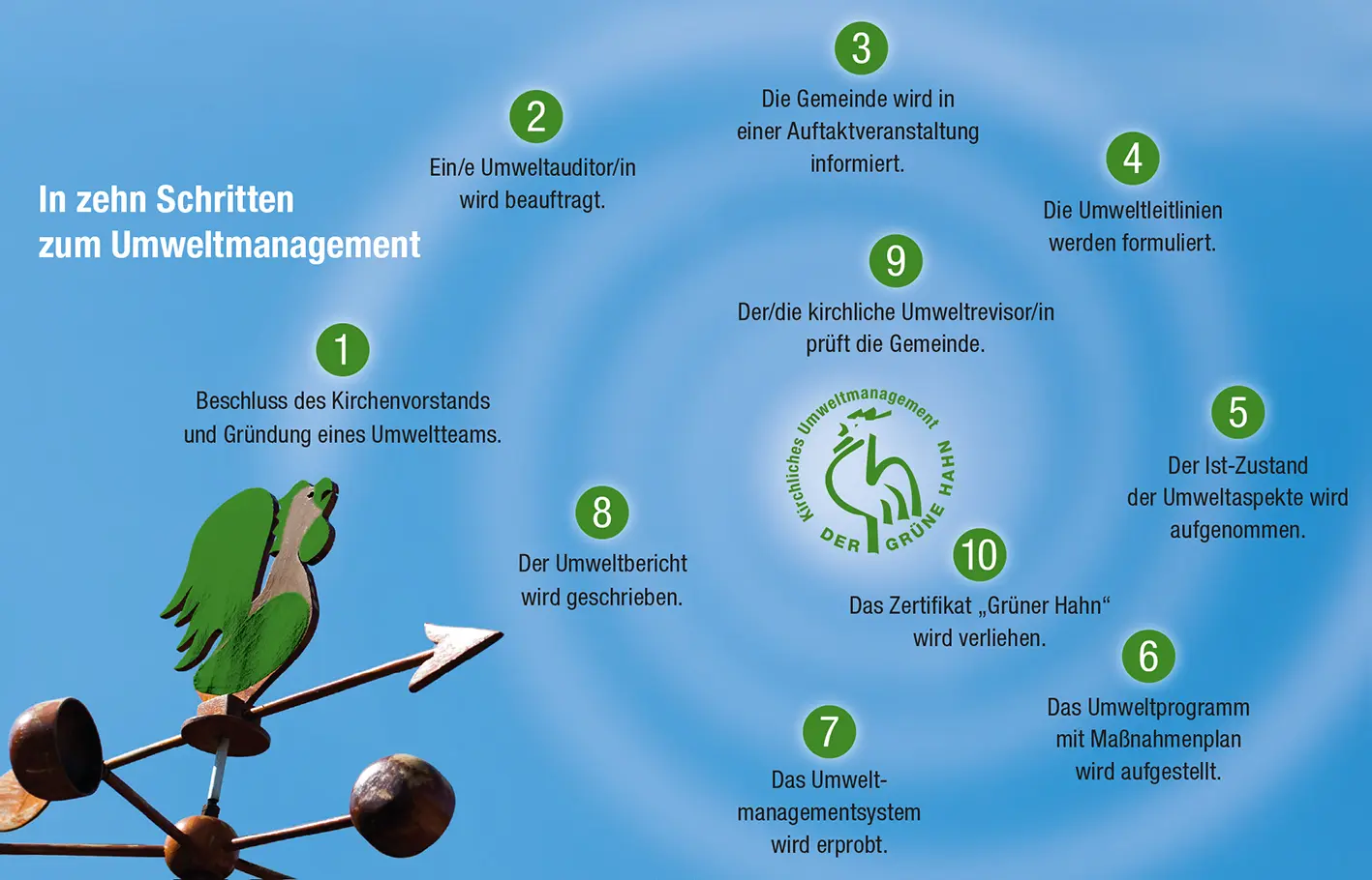 Darstellung von 10 Schritten des Prozesses bis zum Umweltzertifikat "Grüner Hahn"