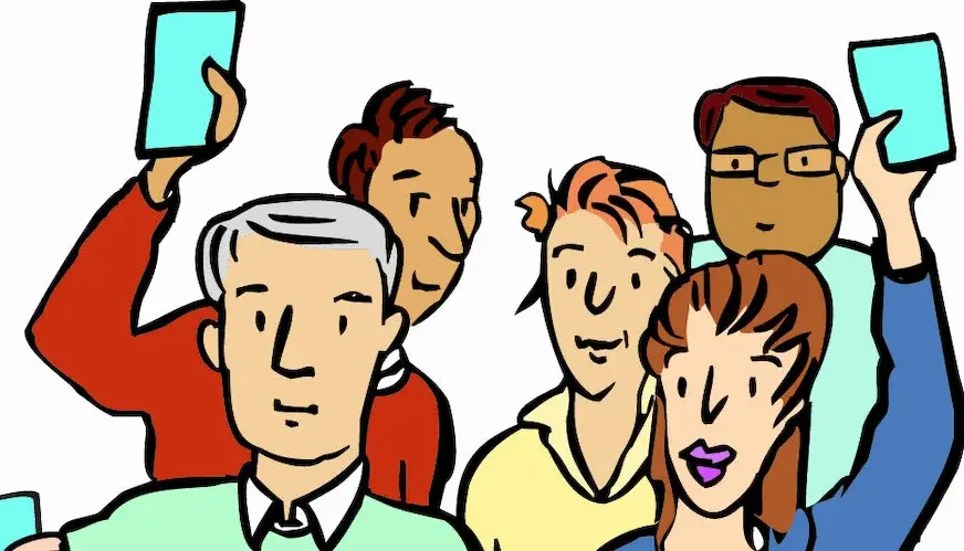 Ein Bild von fünf Menschen. Sie sind wie ein Comic gezeichnet. Drei von den Menschen halten eine blaue Karte hoch. Mit der Karte zeigen sie, dass sie abstimmen wollen.