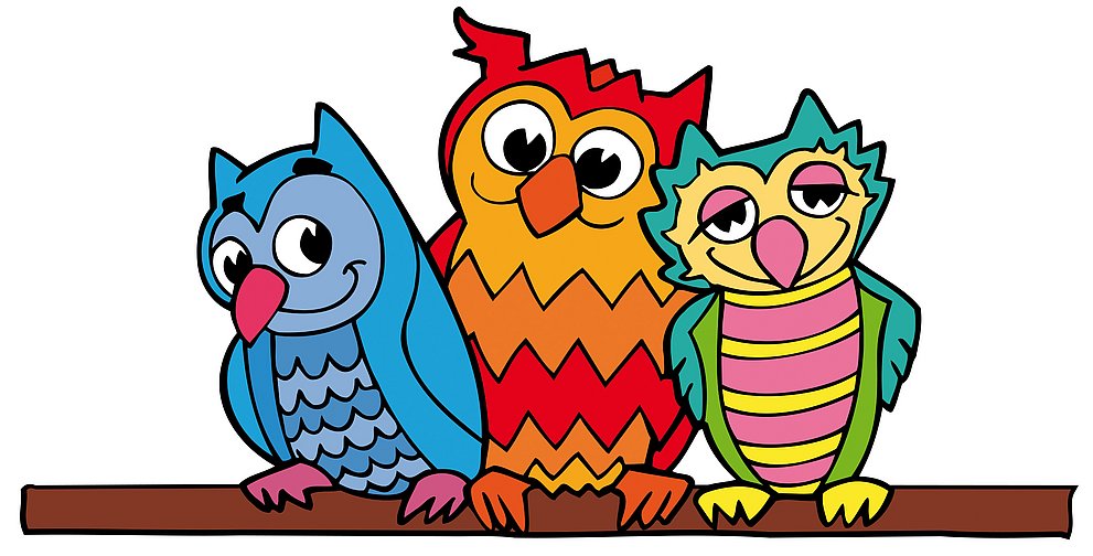 Das Logo des Burgholzhäuser Eulenfestes zeigt drei bunt gezeichnete Eulen.