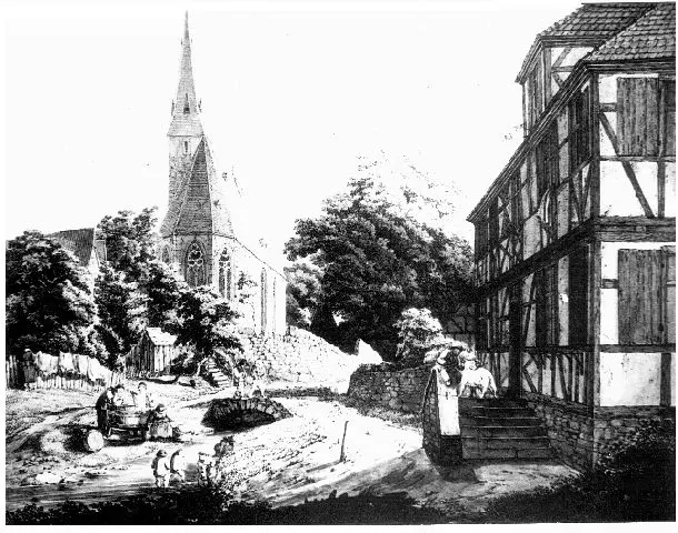 Kirche und Pfarrhaus um 1814
