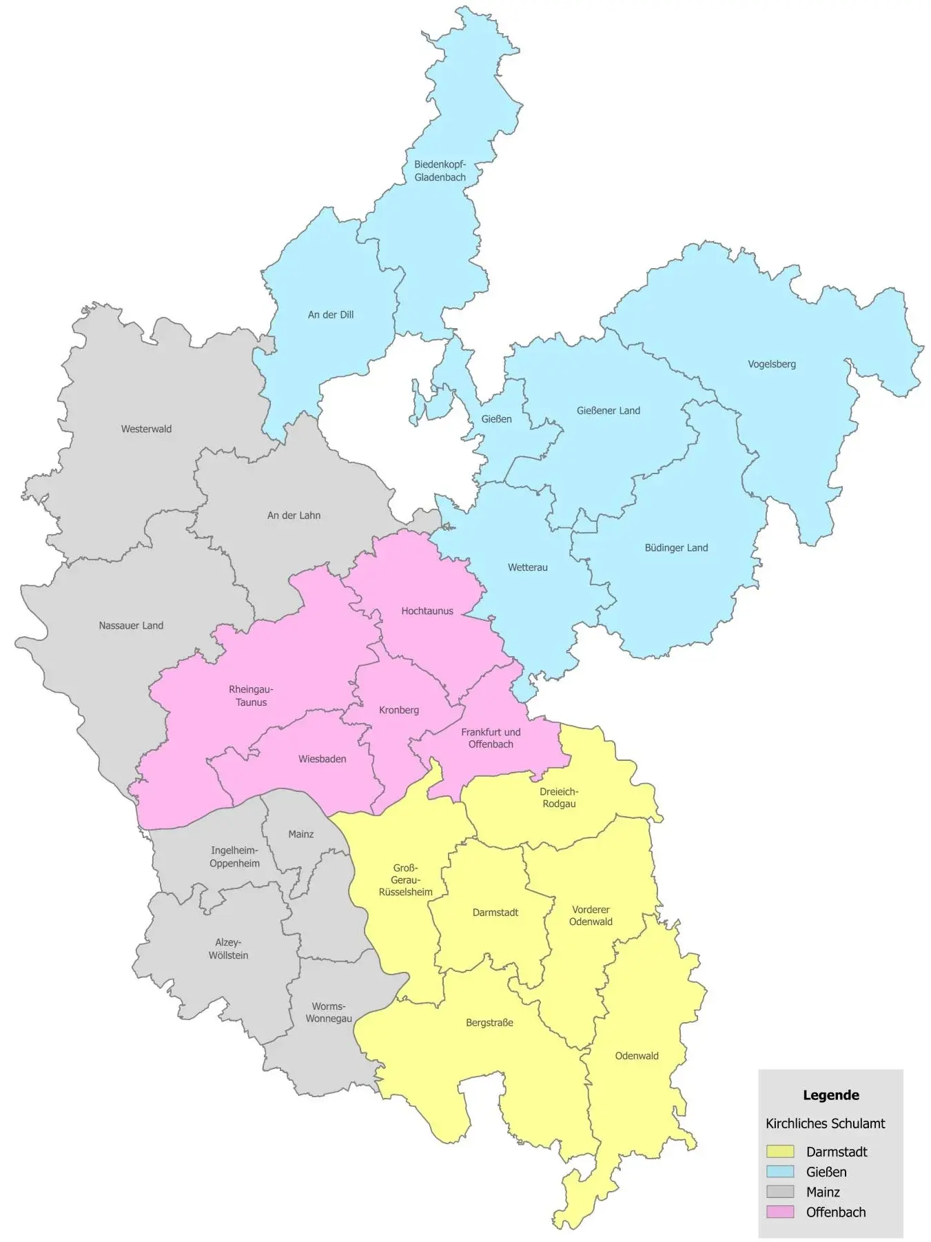 Auf der Karte sind die Gebiete der vier Kirchlichen Schulämter farblich markiert.