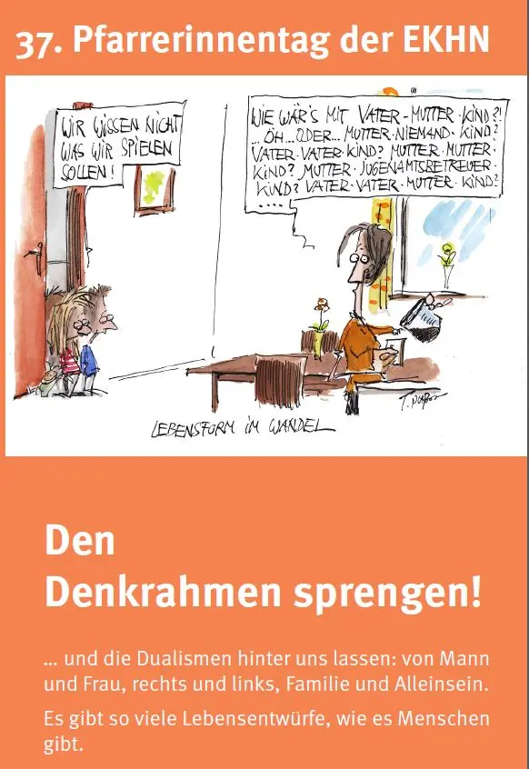 Einladungsflyer zum 37. Pfarrerinnentag der EKHN mit einer Karikatur von Thomas Plaßmann