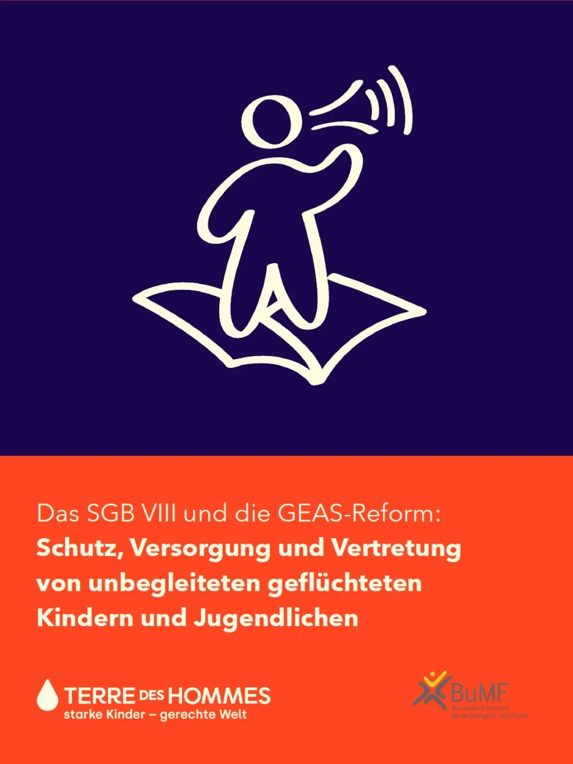 Cover der Publikation oben  blau mit weißer Grafik Mensch auf Teppich, unten rot mit Schriftzug