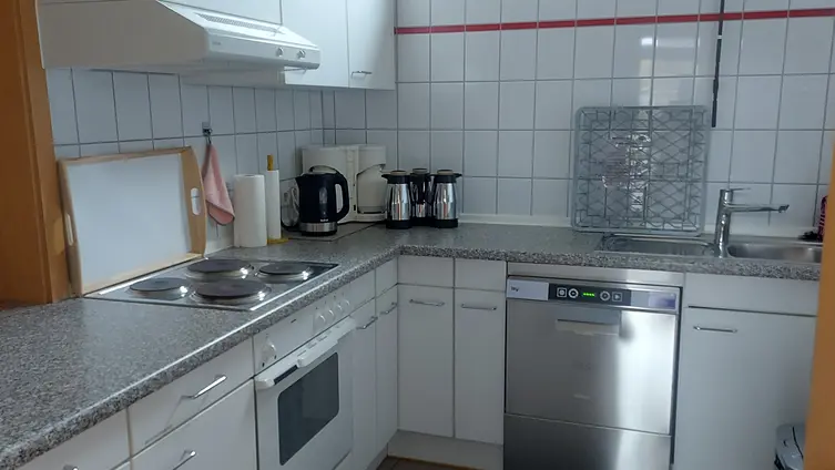 Eine Küche mit Spülmaschine, Spülbecken und Schränken