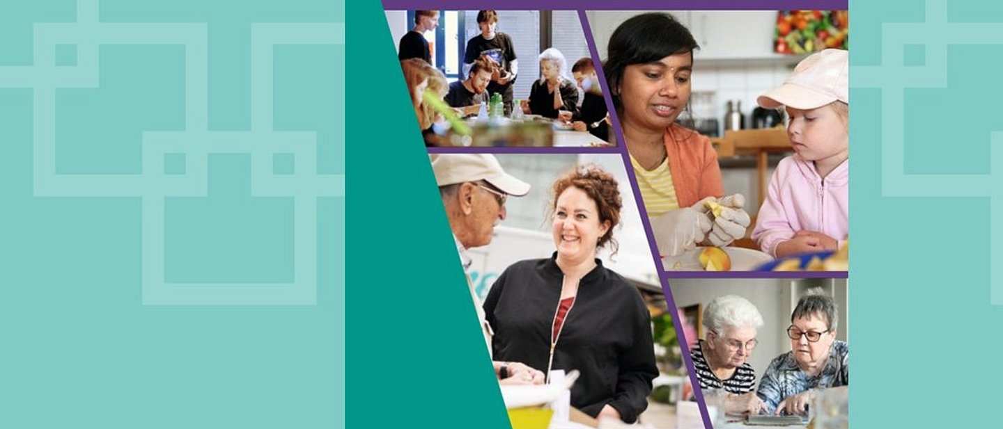 Das Foto zeigt das Titelblatt des Jahresberichts mit Grafik und mehreren Fotos von Personen