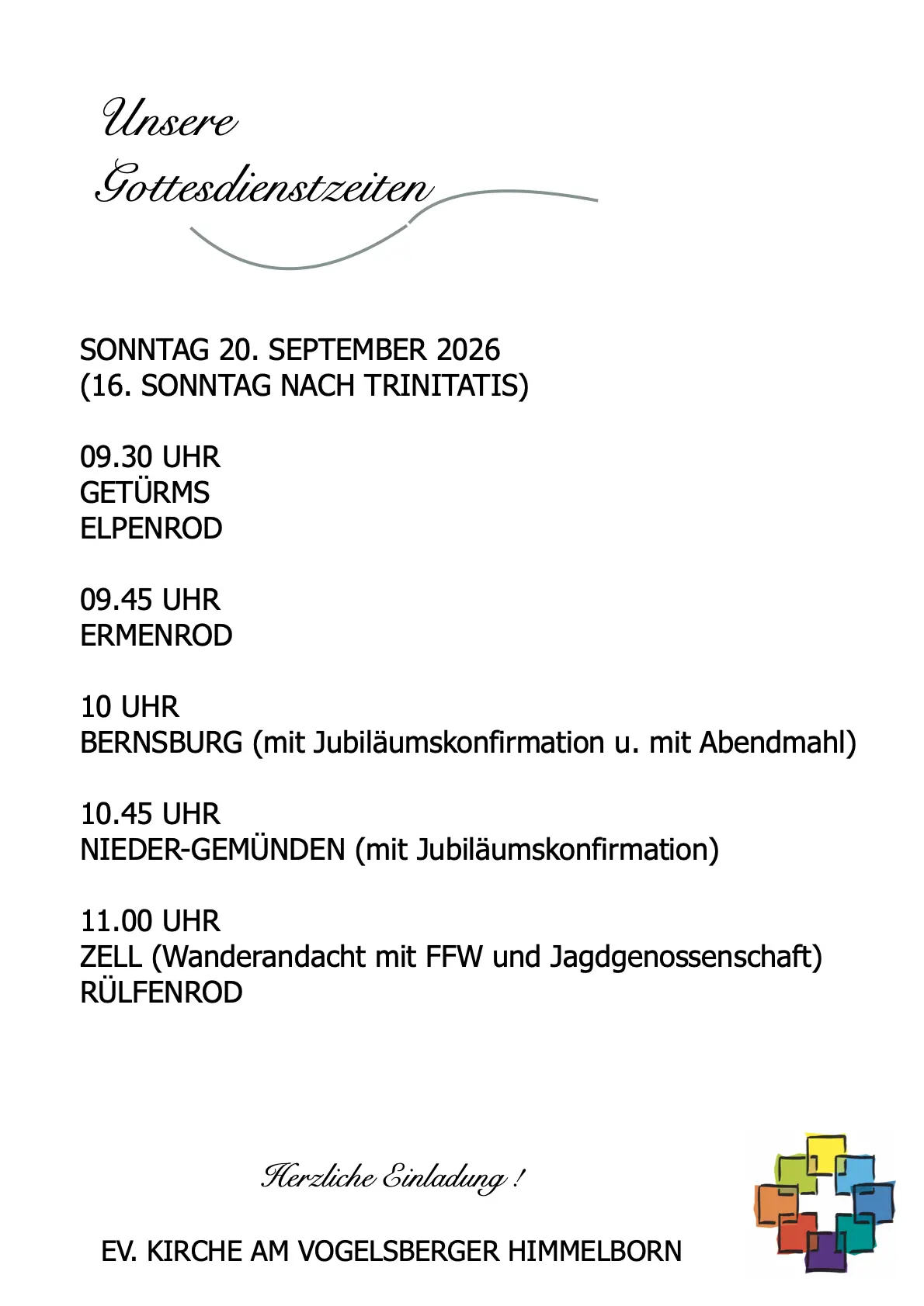 Liste von Gottesdiesntzeiten 20.09.26