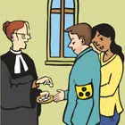 Eine Pastorin reicht in einer Kirche einem Mann eine Oblate. Neben dem Mann steht eine Frau, die ihm unterstützend die Hand auf die Schulter legt.