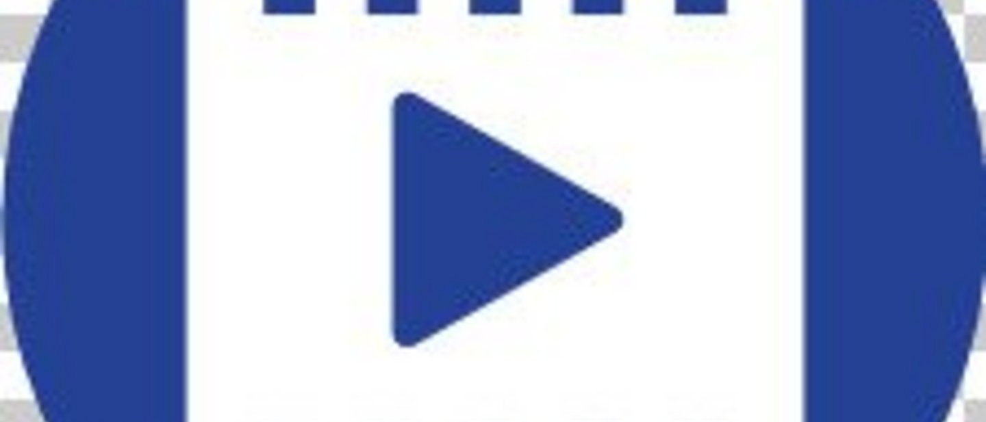 ein runder blauer Kreis mit einem weißen Film - Symbol - Piktogram für barrierefreies Design und Leichte Sprache