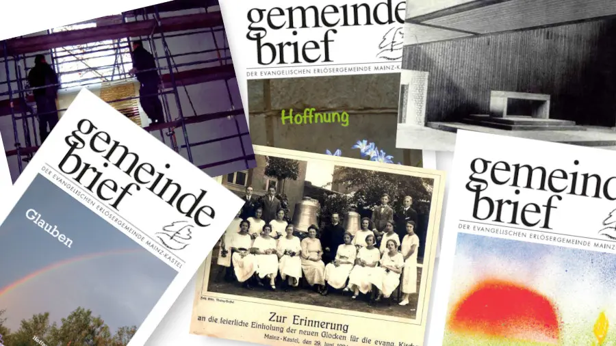 Die Titelseiten von 3 Gemeindebriefen und 3 Fotos sind zu einer Collage verarbeitet worden.