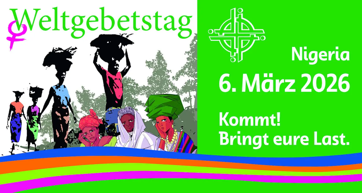 Werbe Banner Weltgebetstag Weiß und Grün mit nigerianischer Menschen und bunte Linien Nigeria kommt! Bringt eure Last. 6. März 2026