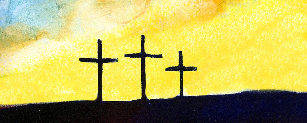 Grafische Darstellung von drei Kreuzen vor farbigem Hintergrund als symbol für die Passionszeit.