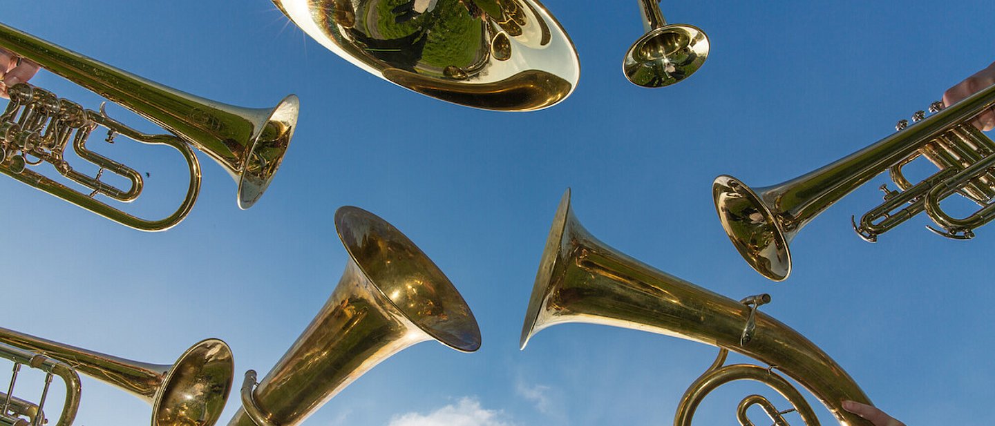 Sieben ringförmig angeordnete Blasinstrumente aus der Froschperspektive