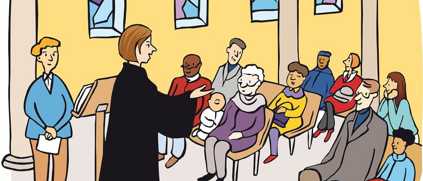 Zeichnung: Menschen sitzen in einer Kirche
