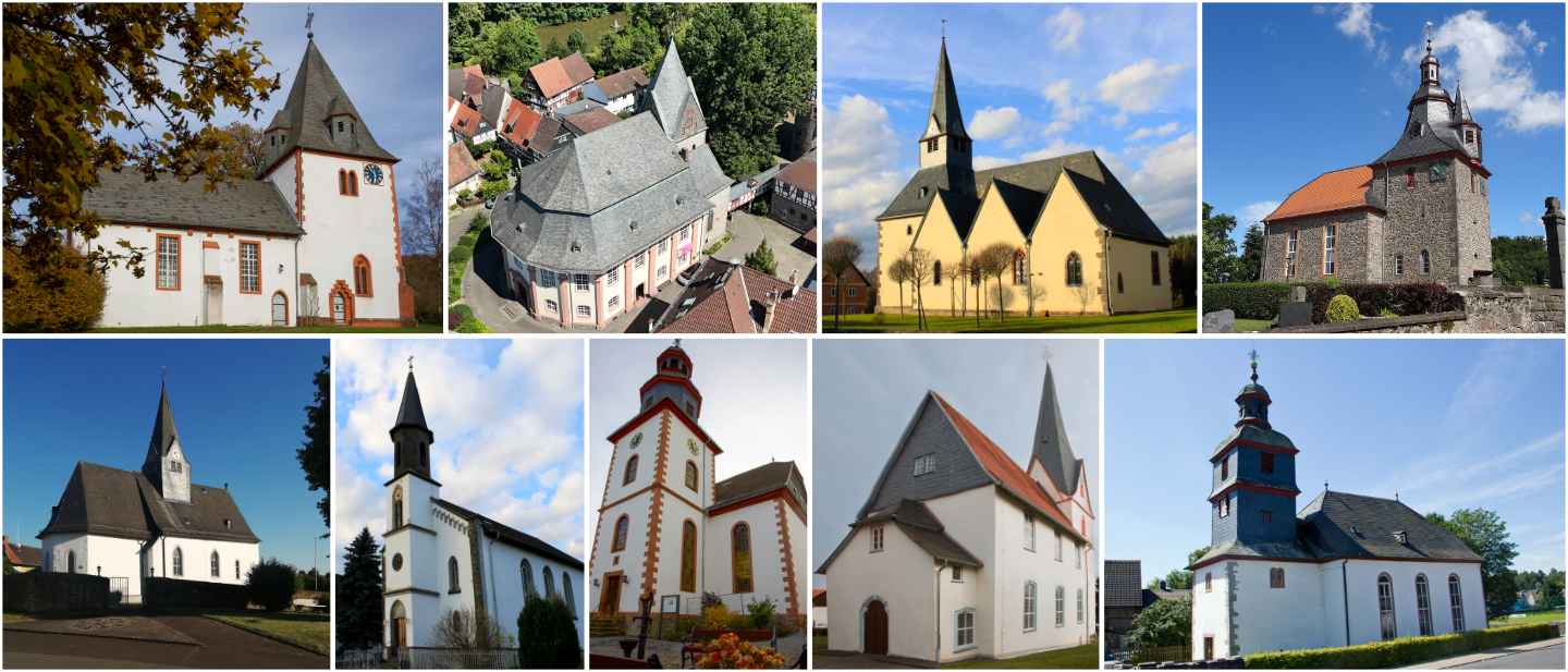 Collage der Kirchen aus den neun Gemeinden