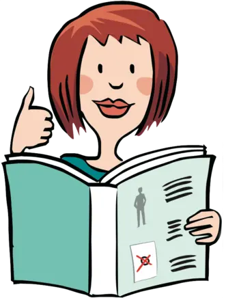 Eine Frau mit kurzen, rötlichen Haaren hält ein aufgeschlagenes Buch und zeigt mit der linken Hand den Daumen nach oben. Sie lächelt freundlich.