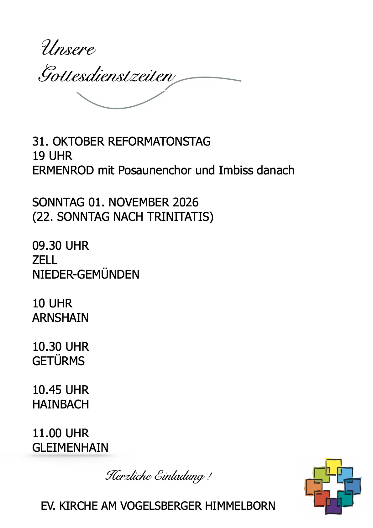 Gottesdienstzeiten 01.11.26