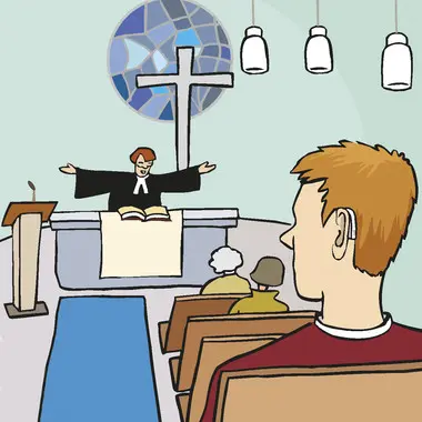 Ein Gottesdienst in einer Kirche: Eine Pfarrerin steht predigend am Altar, im Vordergrund sitzt ein junger Mann mit Hörgerät in der Kirchenbank.