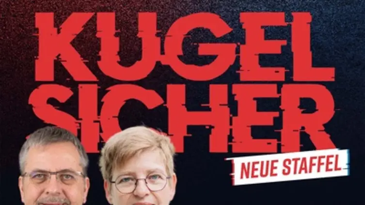 Die Grafik zeigt im Hintergrund in roter Farbe das Wort "Kugelsicher2 und im Vordergrund die beiden Seelsorger.