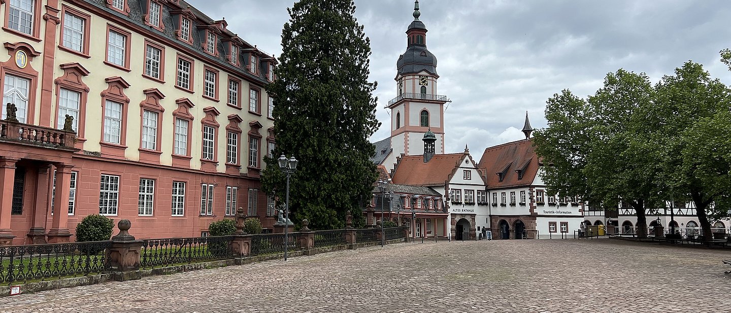 Kopfsteingepflasterter Marktplatz, links ein historisches Schlossgebäude, im Hintergrund eine Kirche