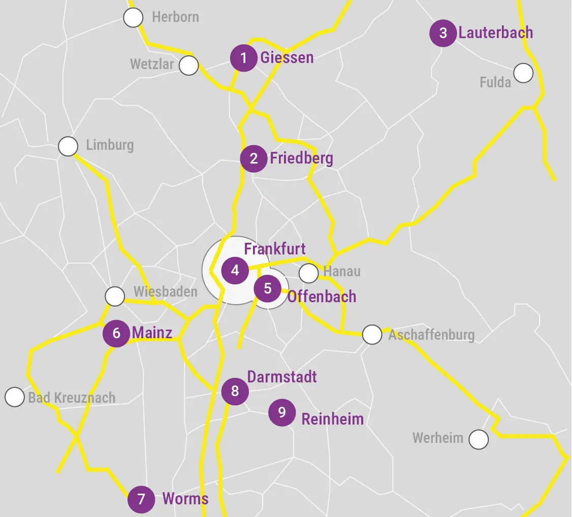 Karte von Hessen mit markierten Städten Gießen, Friedberg, Lauterbach, Frankfurt, Offenbach, Mainz, Worms, Darmstadt und Reinheim.