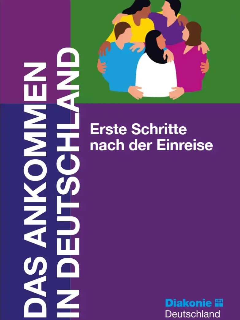 Cover der Broschüre in lila mit weißer Schrift als Bild eine Zeichnung mit Menschen verschiedener Herkunft, die im Kreis eng beeinander stehen